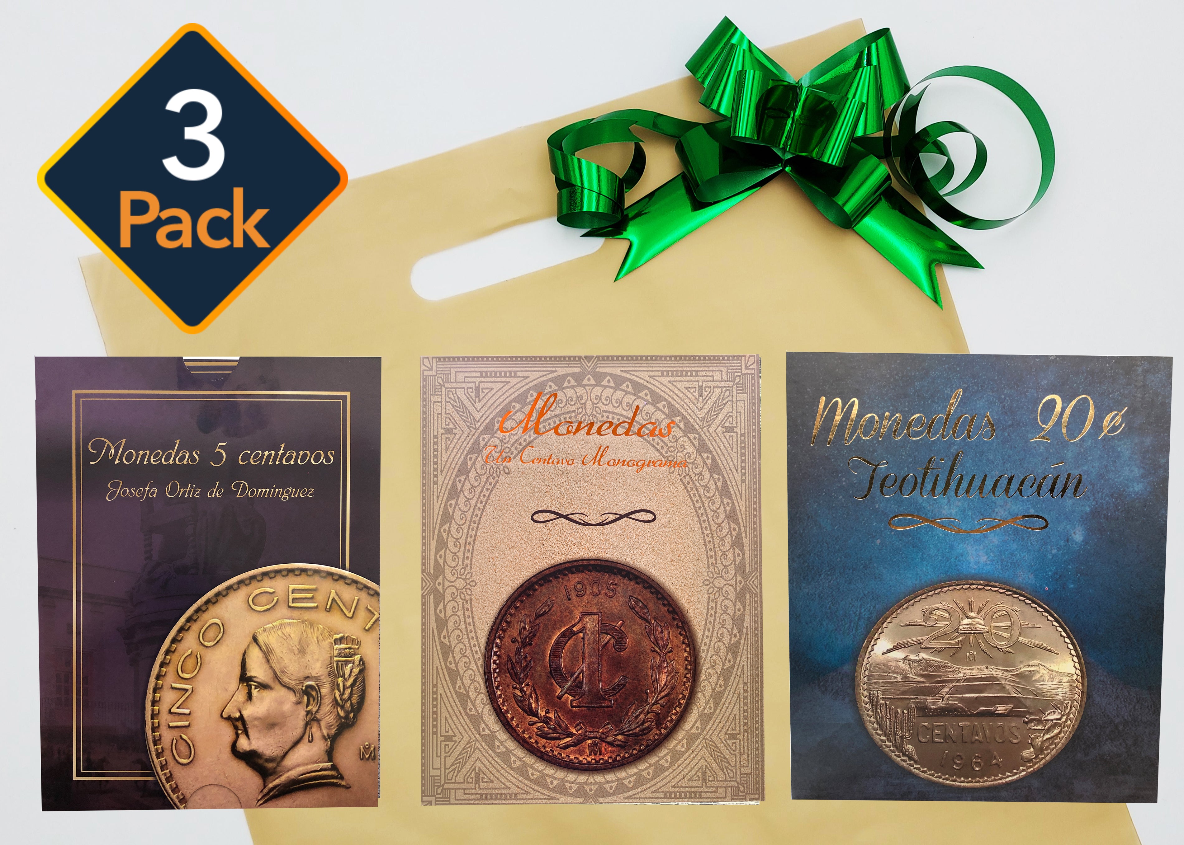 Set para regalo con 3 álbumes coleccionadores de monedas mexicanas (5 centavos Josefa, 1 centavo monograma, y ¢20 Teotihuacán) con caja cubre polvo, bolsa de regalo y moño verde metálico. Set para regalo con 3 álbumes coleccionadores de monedas mexicanas (5 centavos Josefa, 1 centavo monograma, y ¢20 Teotihuacán) con caja cubre polvo, bolsa de regalo y moño verde metálico.